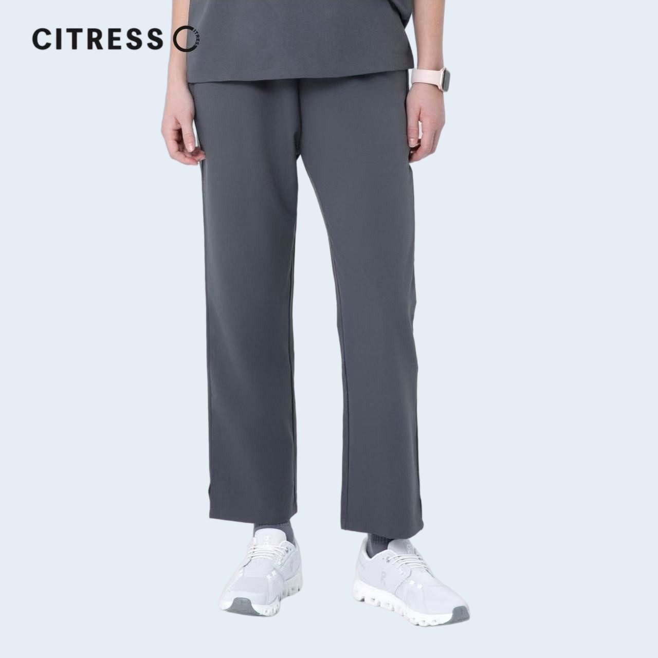 Front view of CITRESS women's grey scrub pants, adjustable waistband for comfort