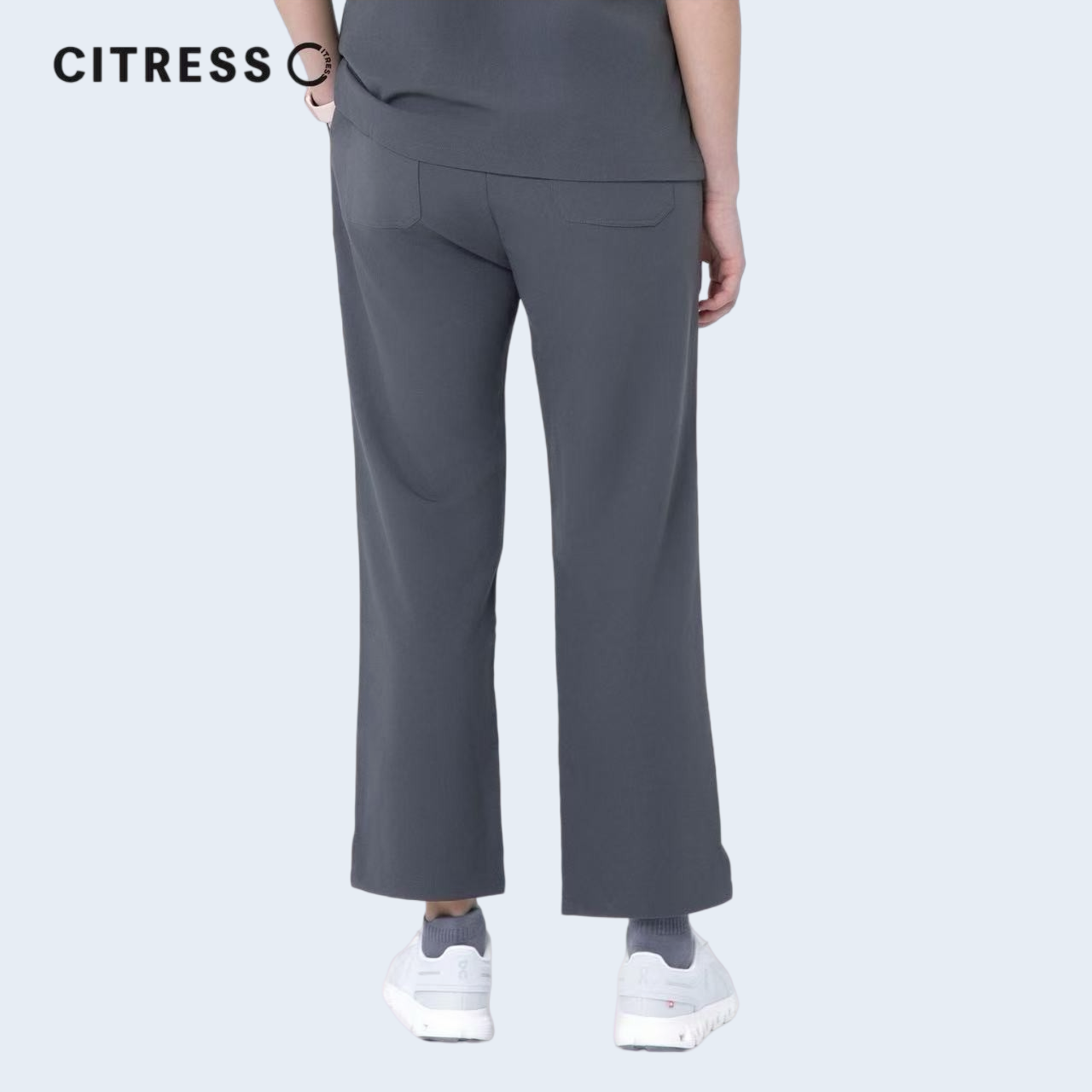 Waist and leg detail of CITRESS grey scrub pants, with functional pockets