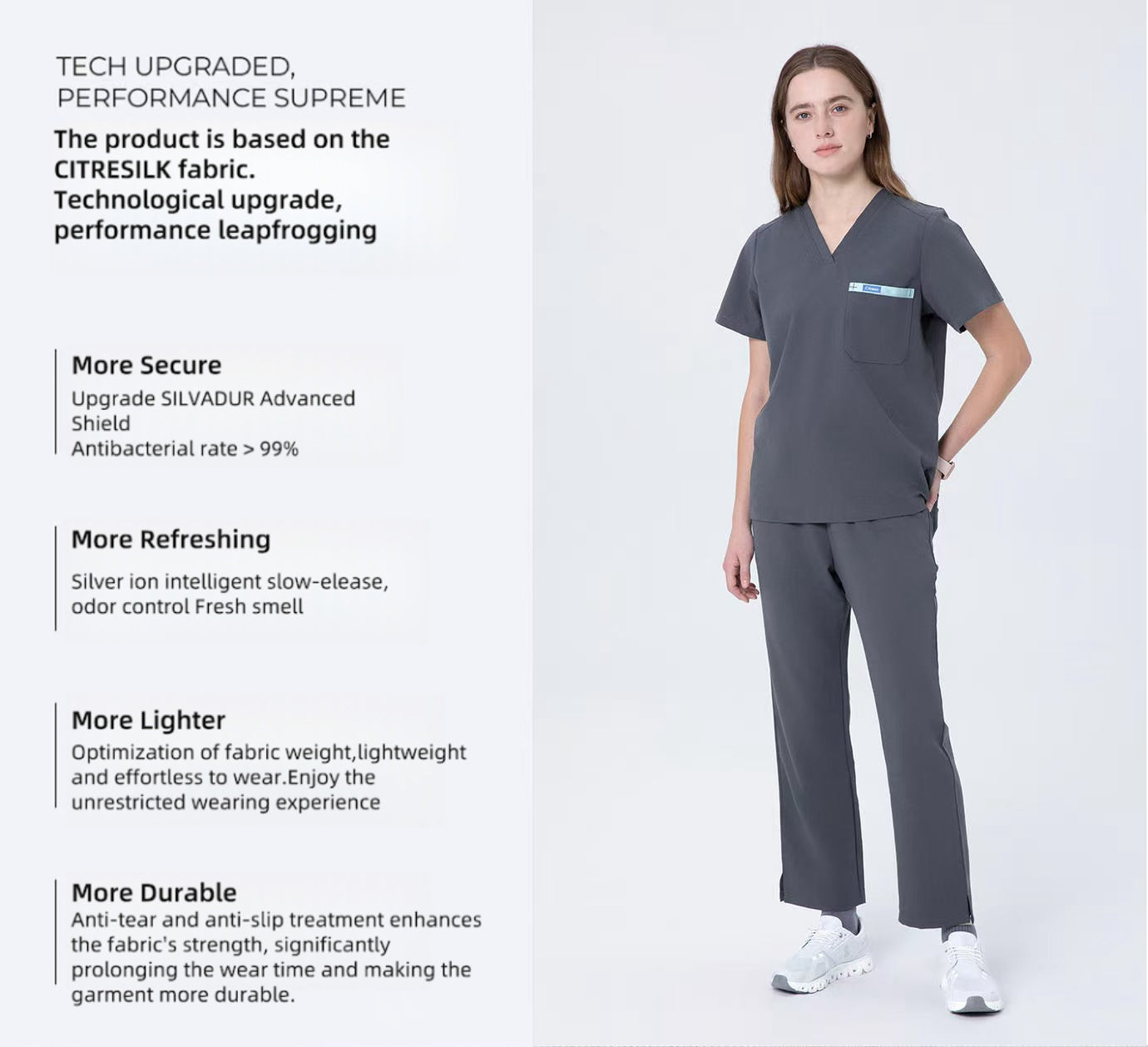 CITRESS grey scrub pants overview, showing front, side and waistband details