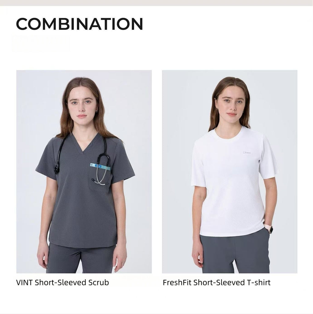 CITRESS grey scrub pants paired with matching scrub top, complete women's medical uniform