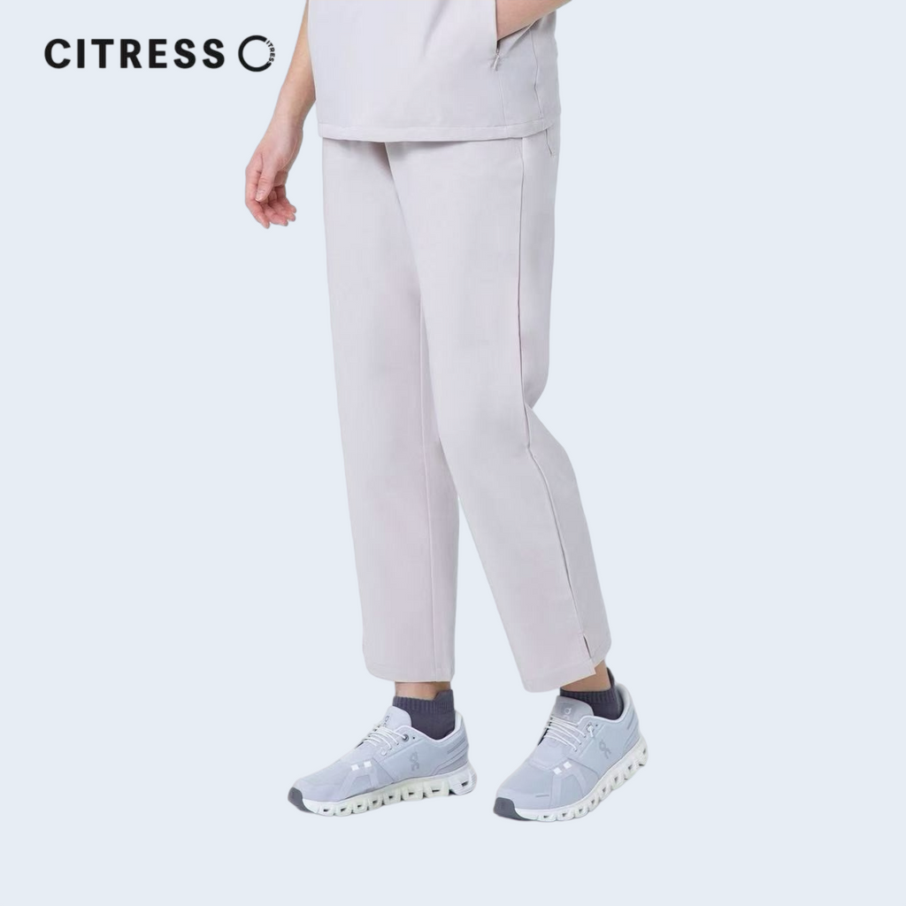 Front view of CITRESS women's khaki scrub pants, adjustable waistband for comfort