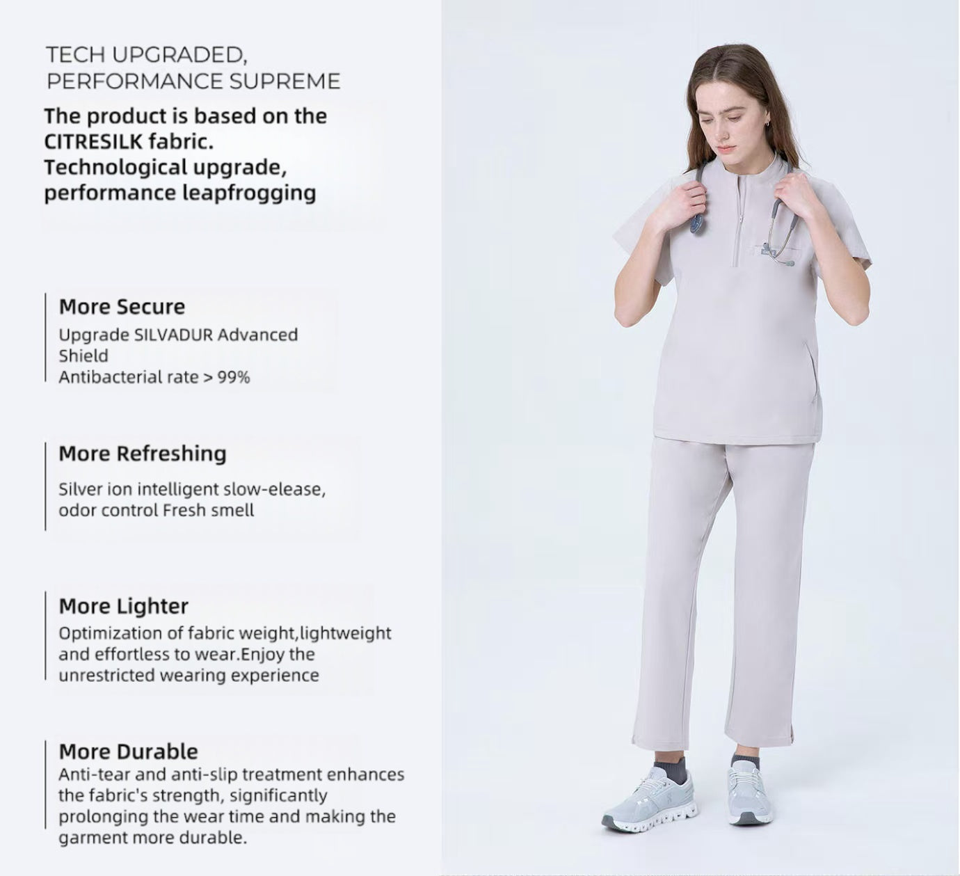 CITRESS khaki scrub pants overview, showing front, side and waistband details