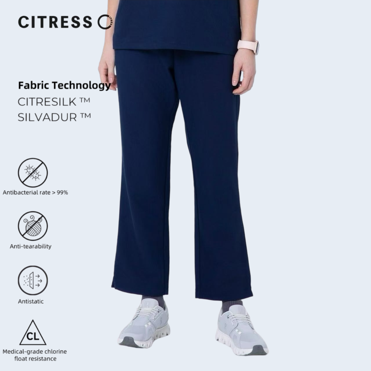 CITRESS women's navy straight leg scrub pants, with Citresilk antibacterial fabric