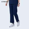 Side view of CITRESS navy scrub pants, showing straight leg fit and drawstring waist