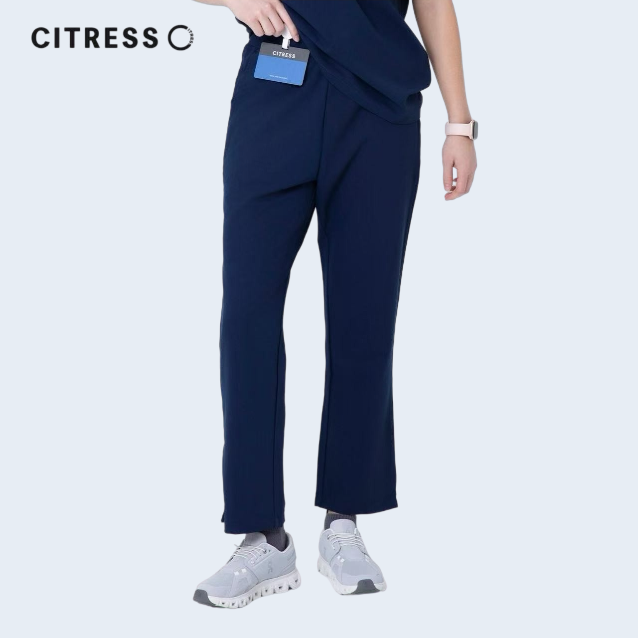 Front view of CITRESS women's navy scrub pants, adjustable waistband for comfort