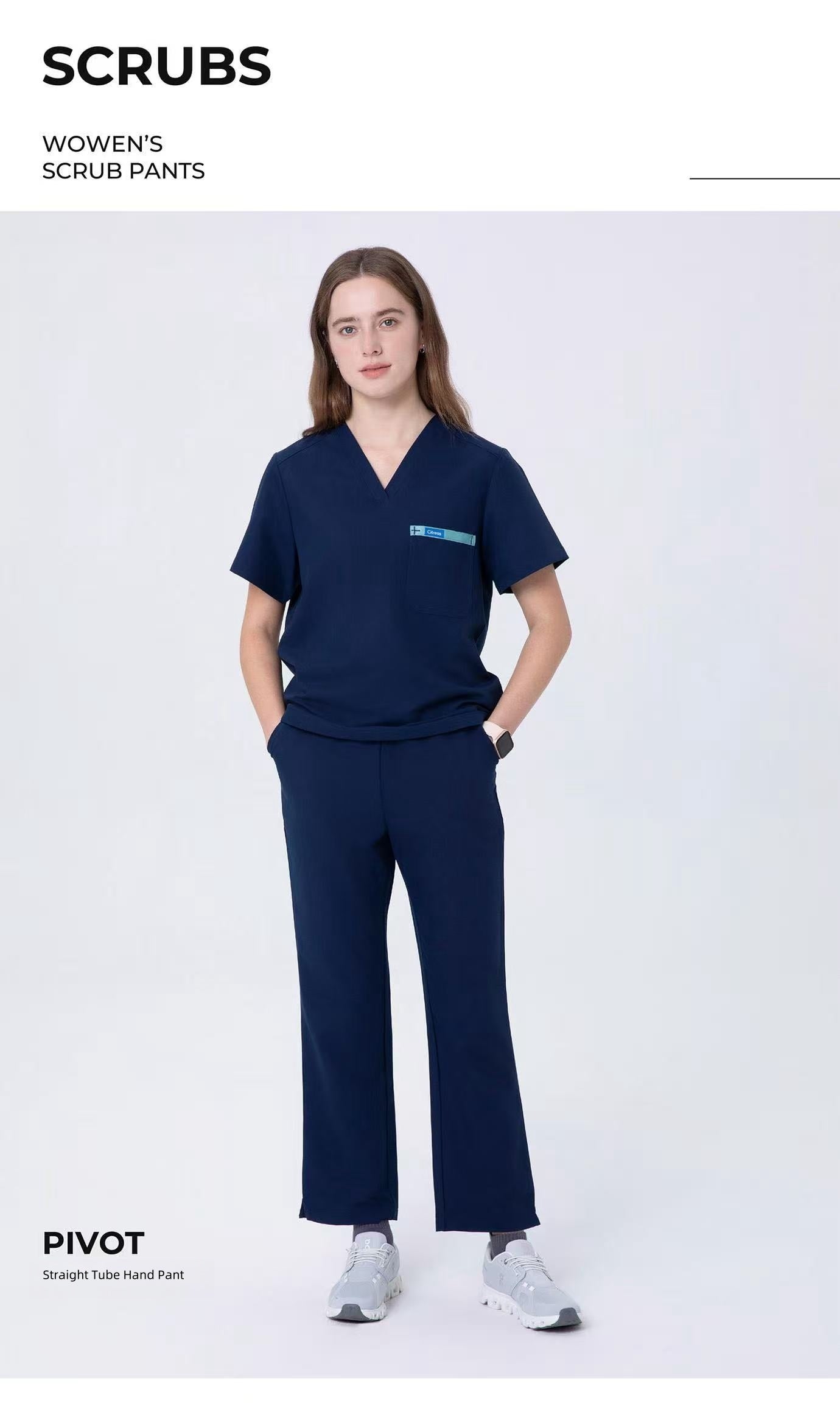 CITRESS navy scrub pants product shot, full-length view with clean background