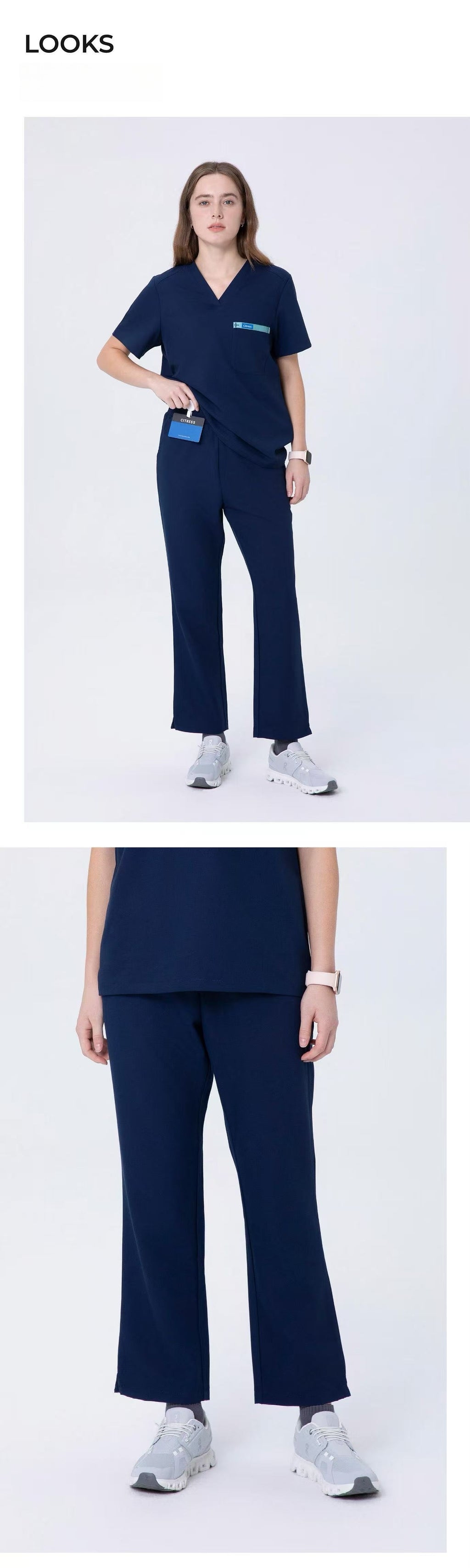 Front and side views of CITRESS women's navy scrub pants for healthcare workers