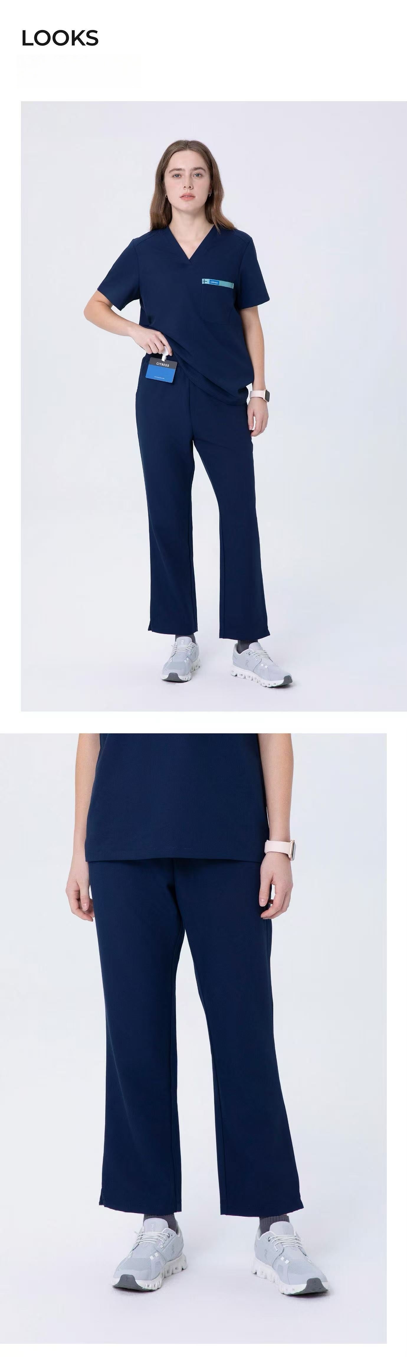 Front and side views of CITRESS women's navy scrub pants for healthcare workers