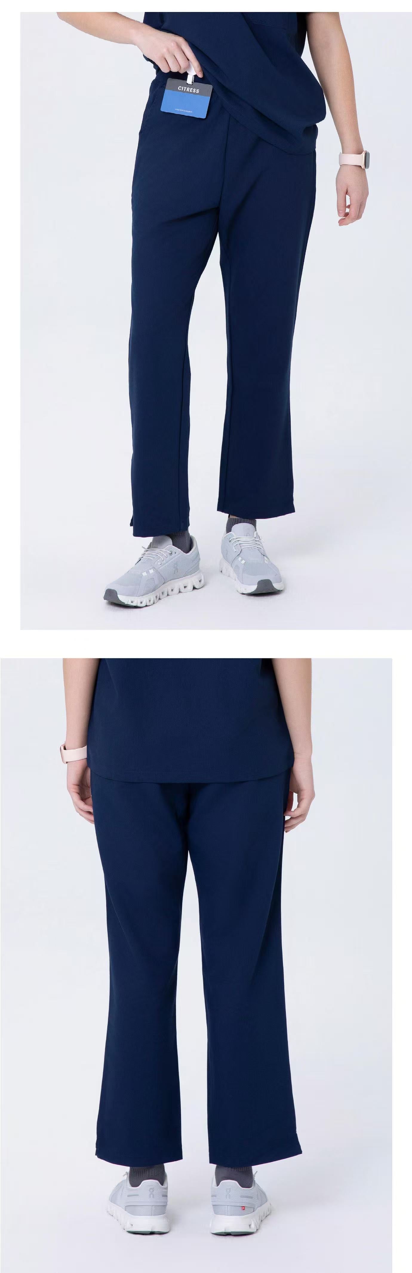 Front and side views of CITRESS women's navy scrub pants for healthcare workers