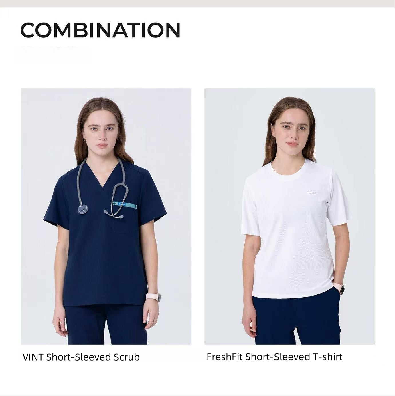CITRESS navy scrub pants paired with matching scrub top, complete women's medical uniform
