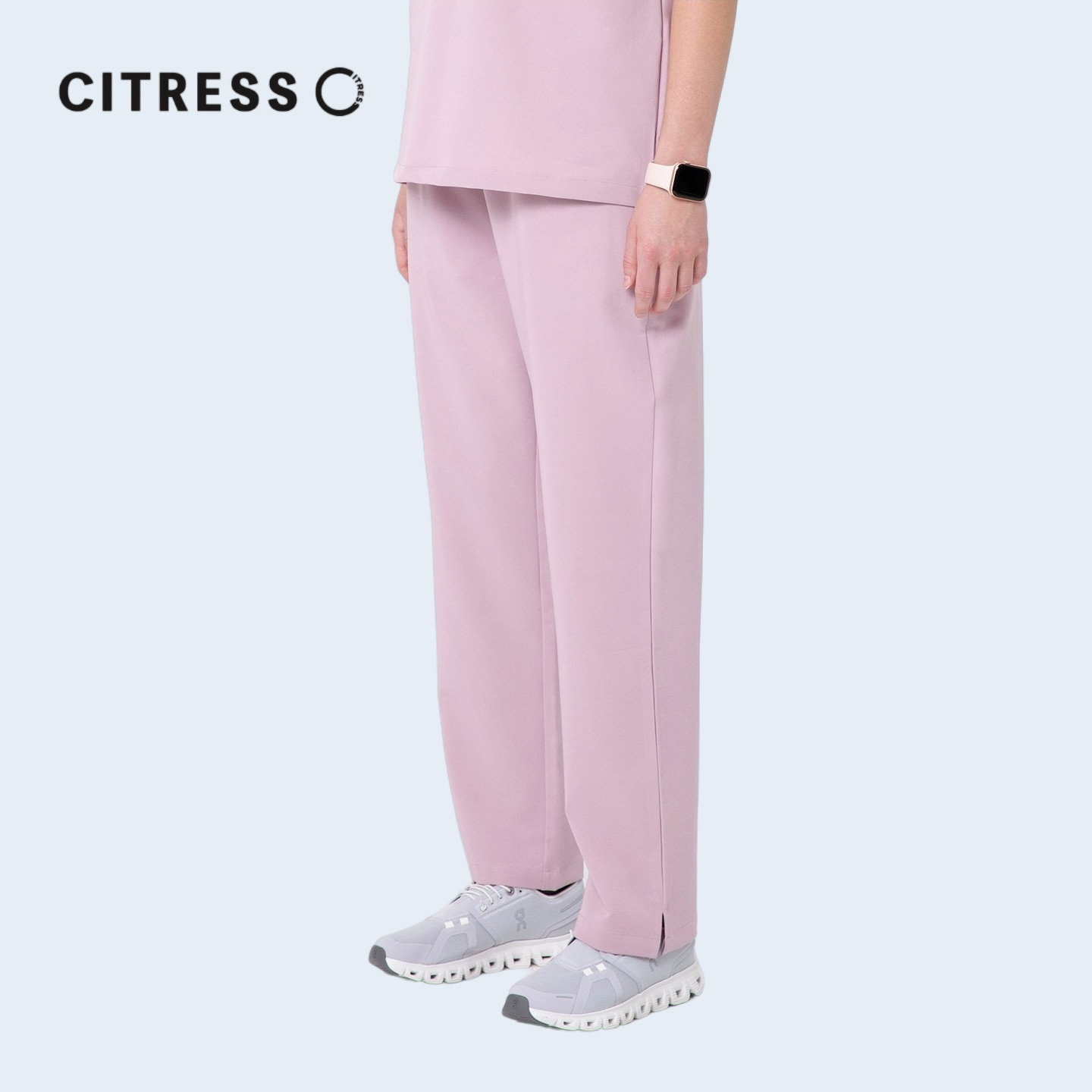 Front view of CITRESS women's grey scrub pants, adjustable waistband for comfort