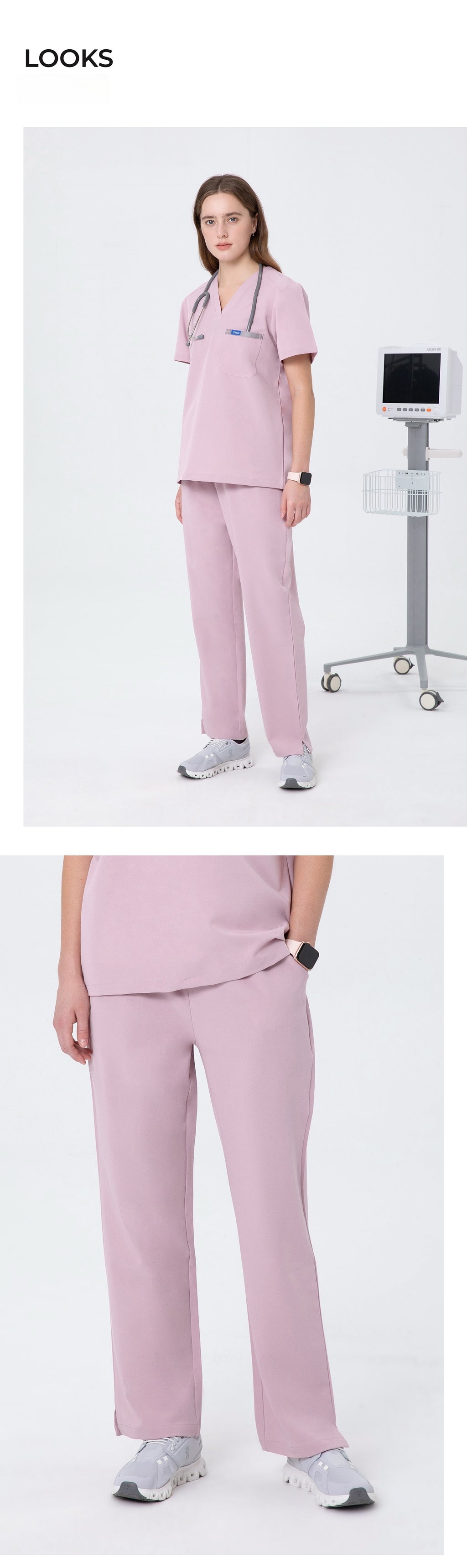Front and side views of CITRESS women's pink scrub pants for healthcare workers