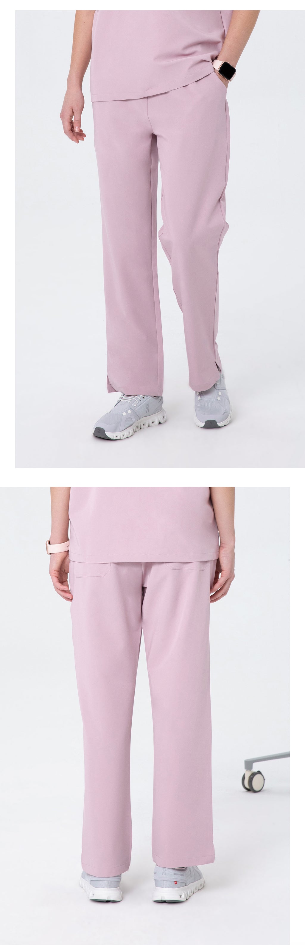 Front and side views of CITRESS women's pink scrub pants for healthcare workers