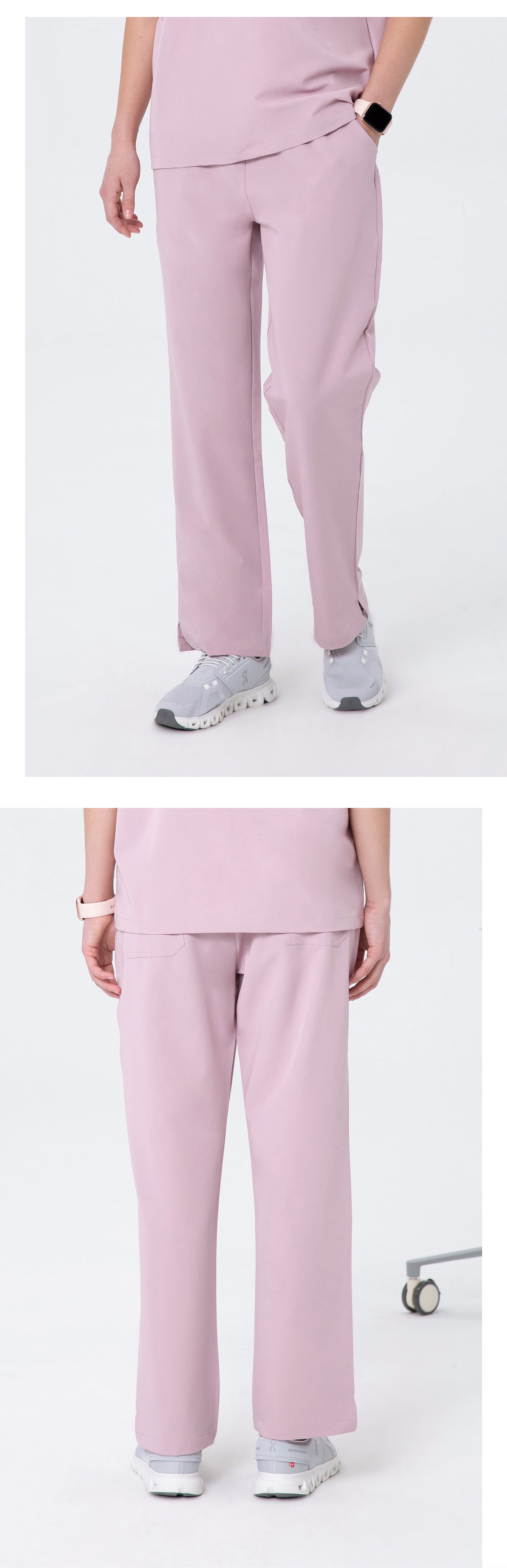 Front and side views of CITRESS women's pink scrub pants for healthcare workers
