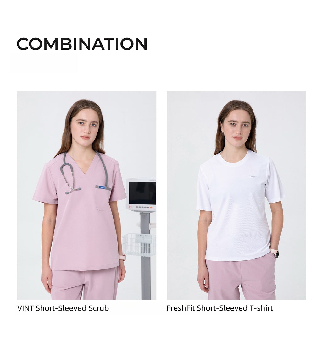 CITRESS pink scrub pants paired with matching scrub top, complete women's medical uniform