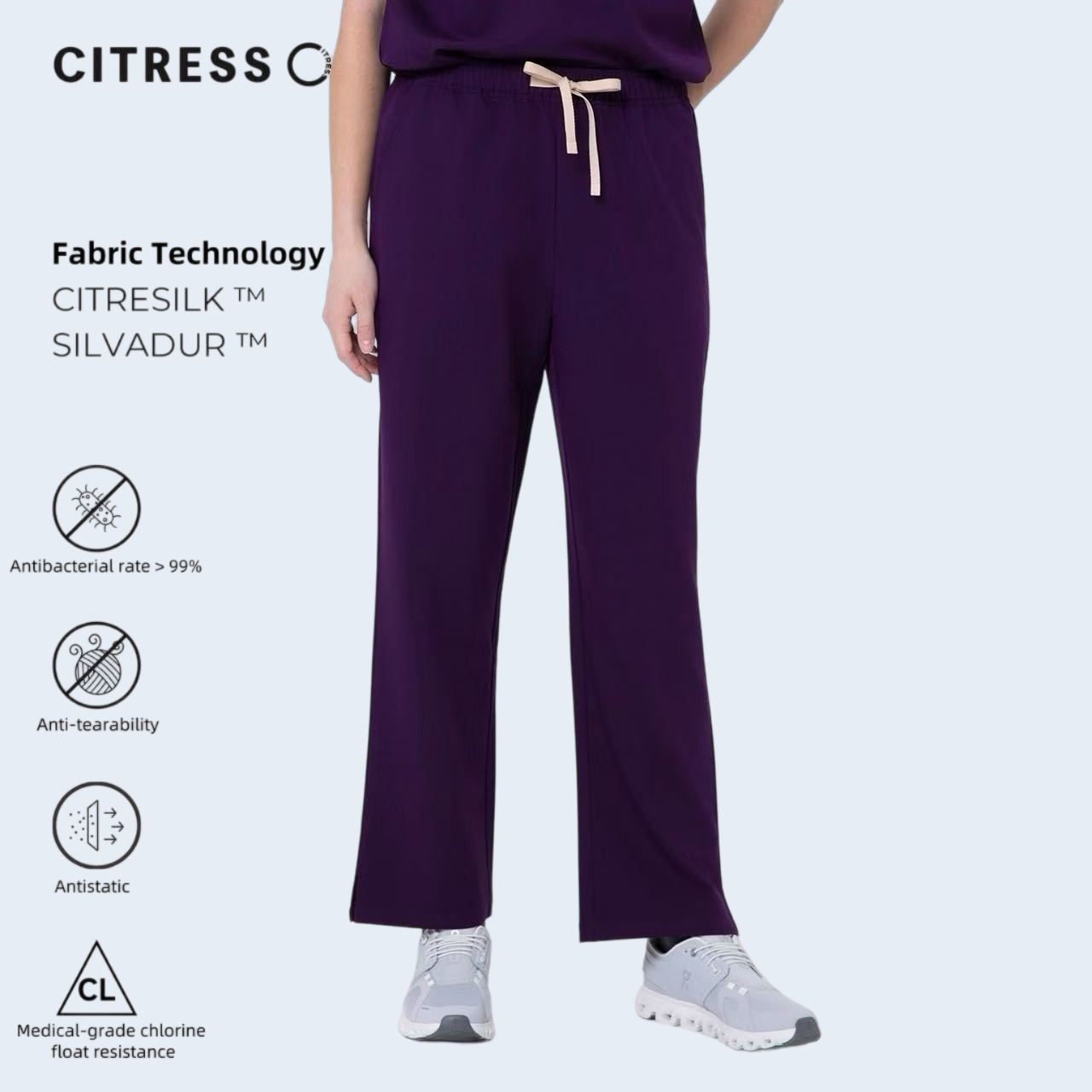 CITRESS women's purple straight leg scrub pants, with Citresilk antibacterial fabric