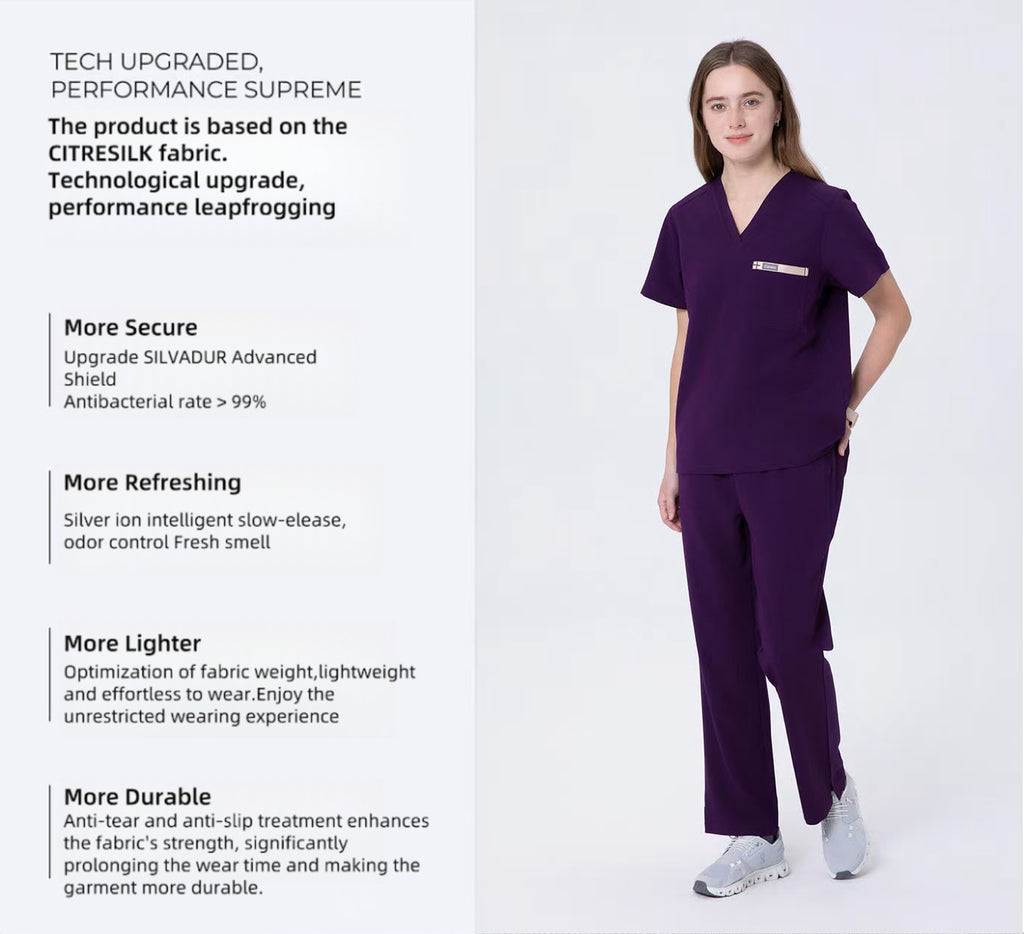 CITRESS purple scrub pants overview, showing front, side and waistband details