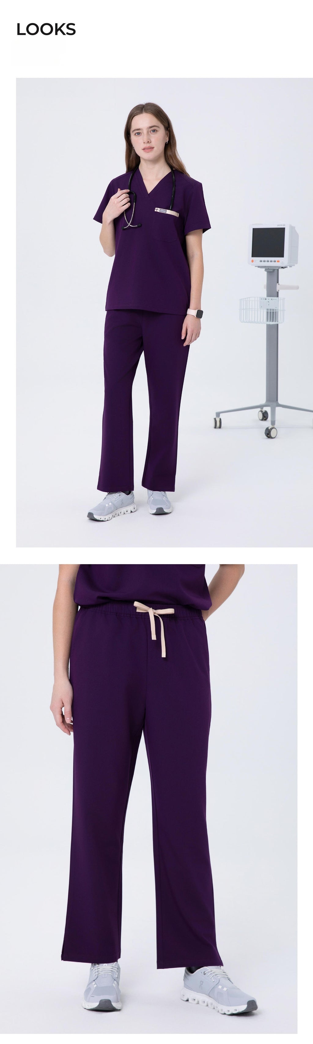 Front and side views of CITRESS women's purple scrub pants for healthcare workers