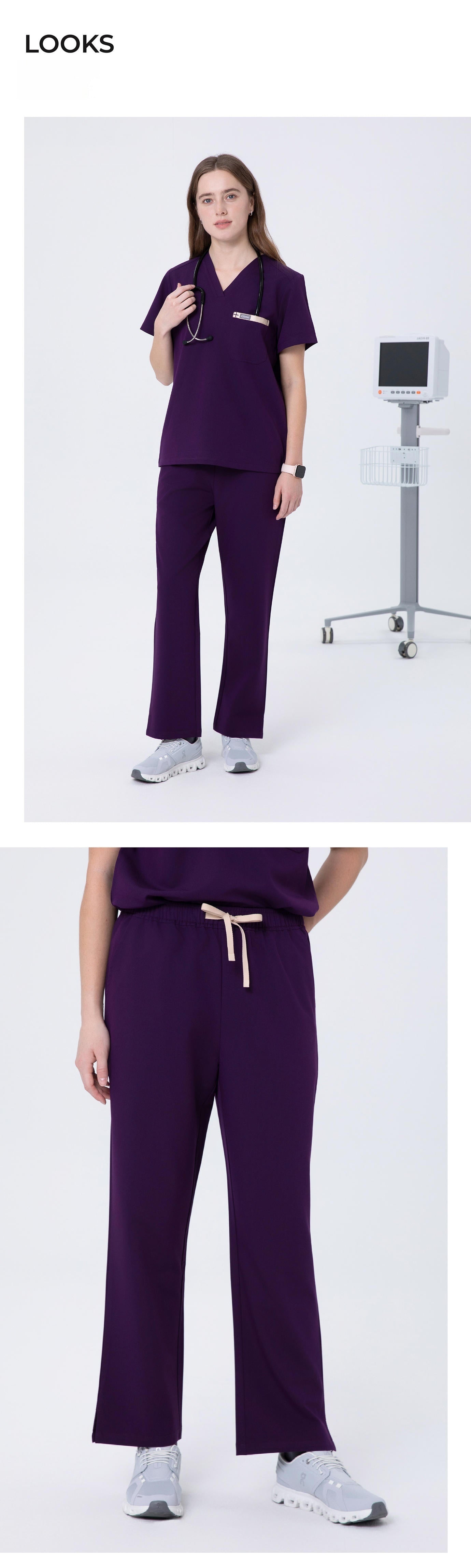 Front and side views of CITRESS women's purple scrub pants for healthcare workers