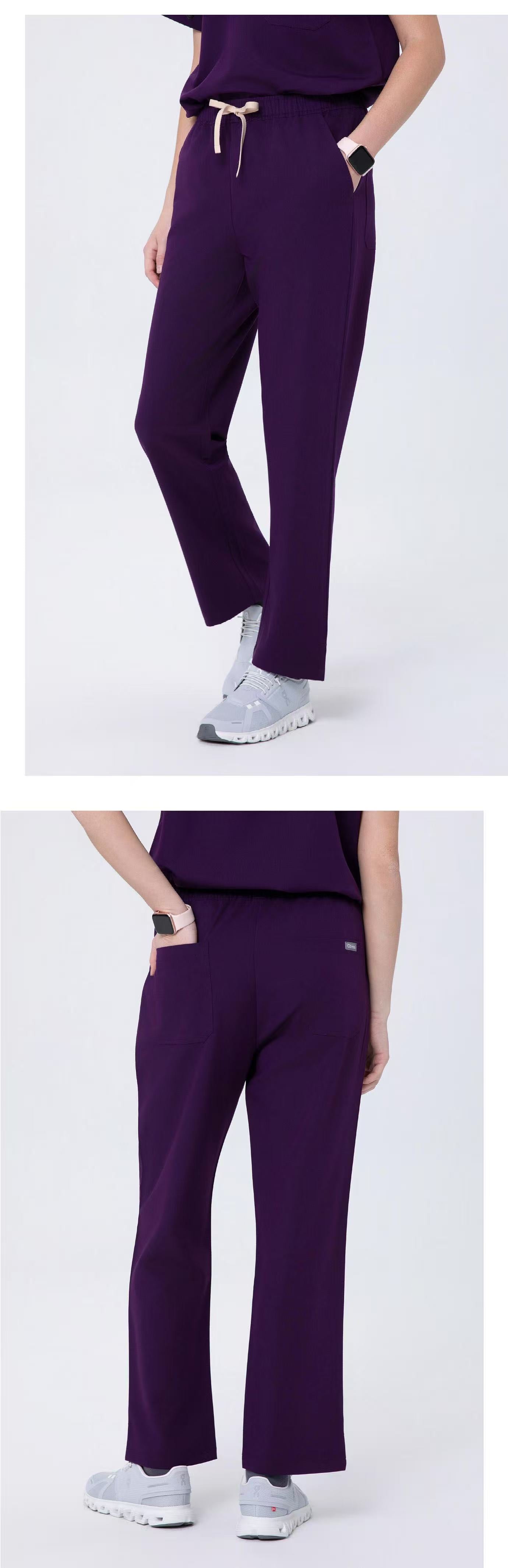 Front and side views of CITRESS women's purple scrub pants for healthcare workers