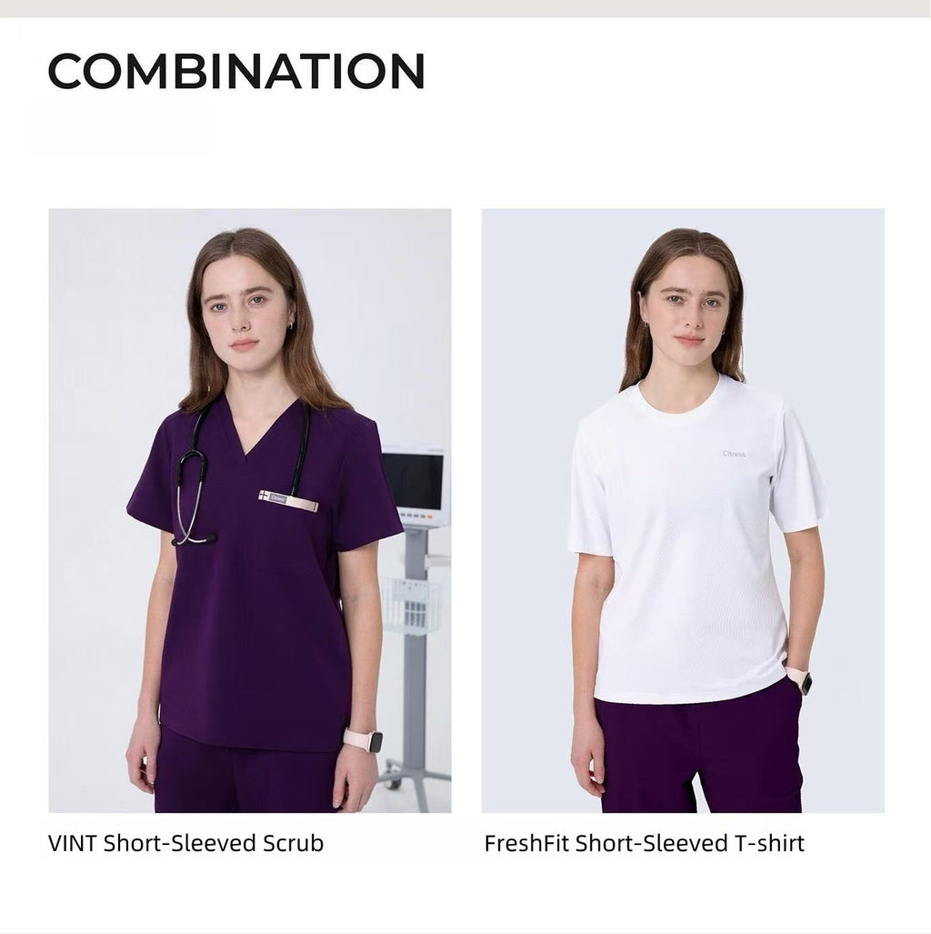 CITRESS purple scrub pants paired with matching scrub top, complete women's medical uniform