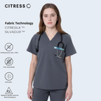 CITRESS women's grey V-neck scrub set, with Citresilk antibacterial fabric