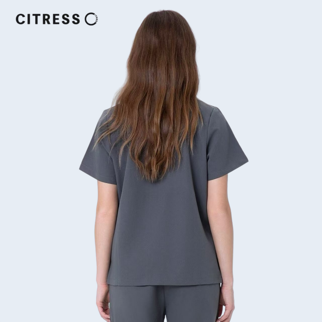 Back view of CITRESS grey scrub top, comfortable fit for long medical shifts