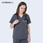 Side view of CITRESS women's grey scrub top, soft stretch fabric