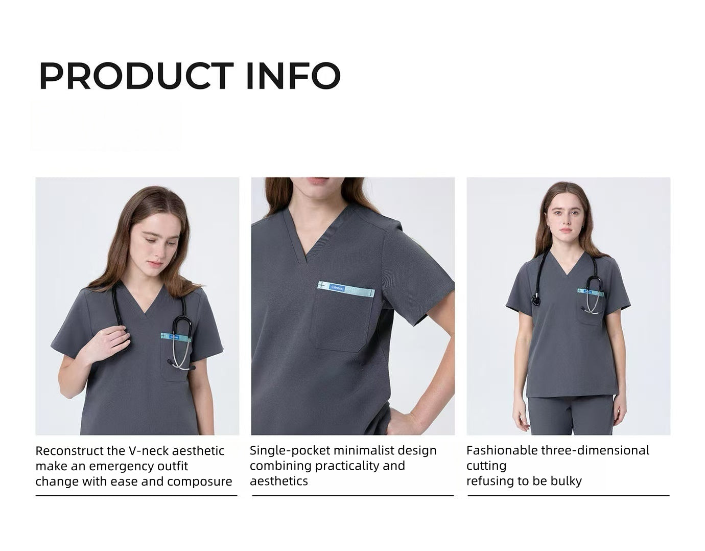 CITRESS grey scrub set details: fabric, fit and functional design for nurses
