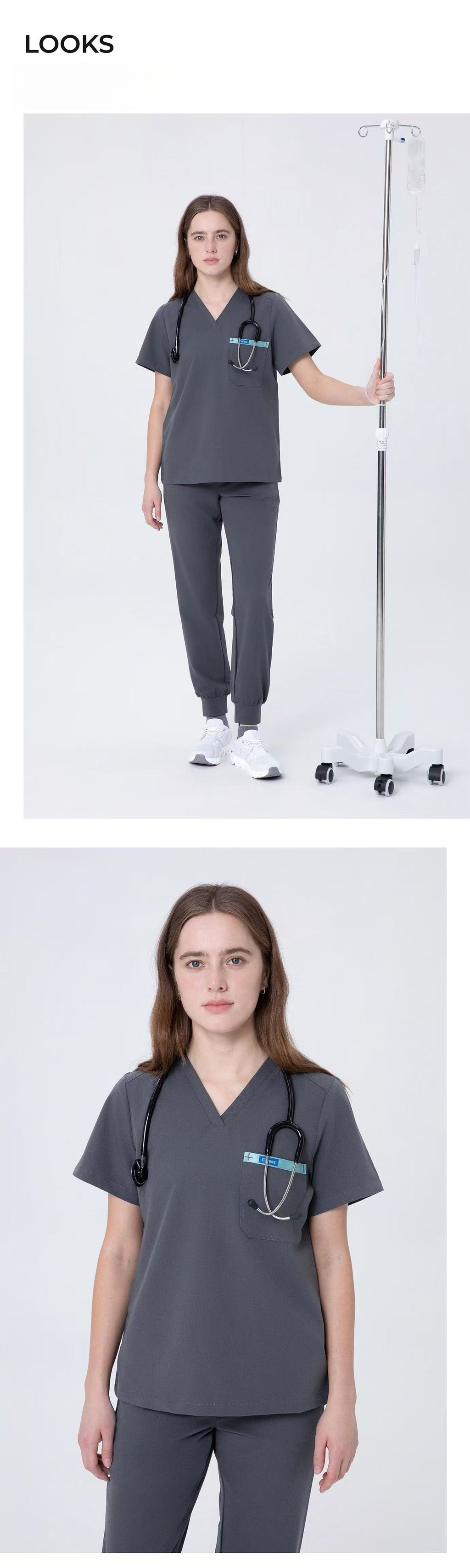 Front and back views of CITRESS grey scrub set for women healthcare workers