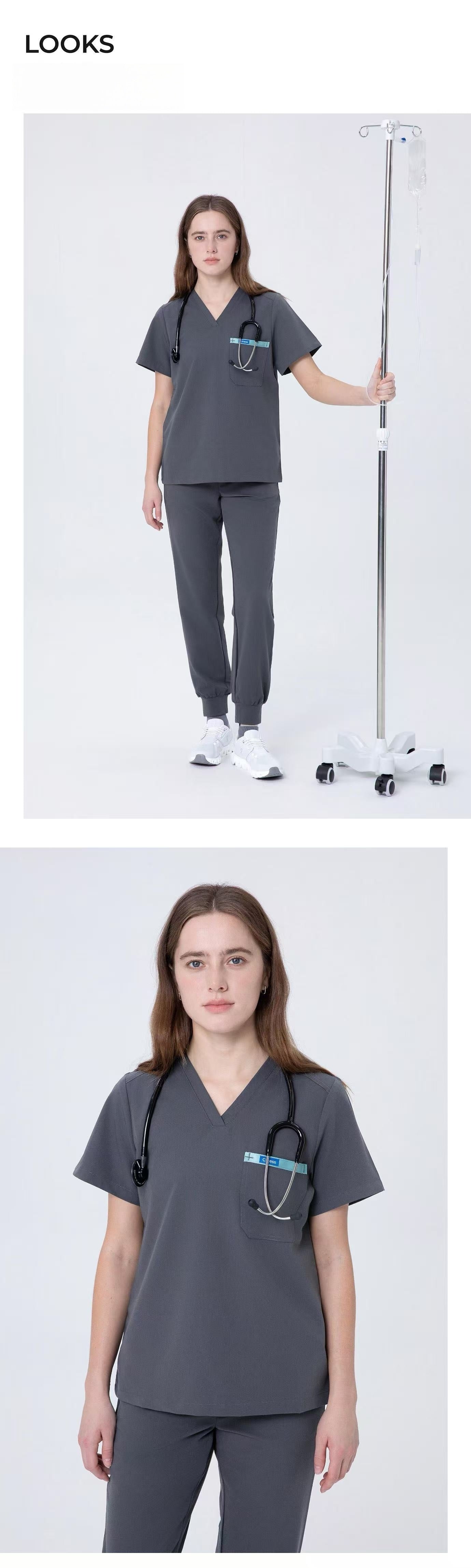 Front and back views of CITRESS grey scrub set for women healthcare workers