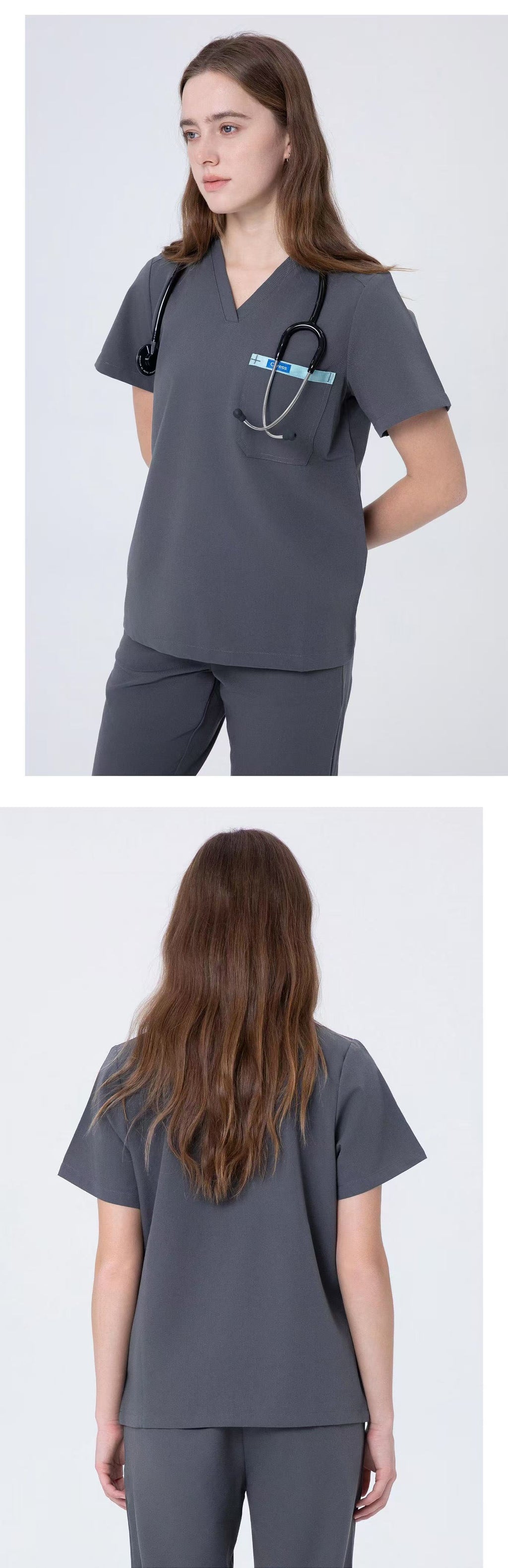 Front and back views of CITRESS grey scrub set for women healthcare workers