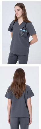 Front and back views of CITRESS grey scrub set for women healthcare workers