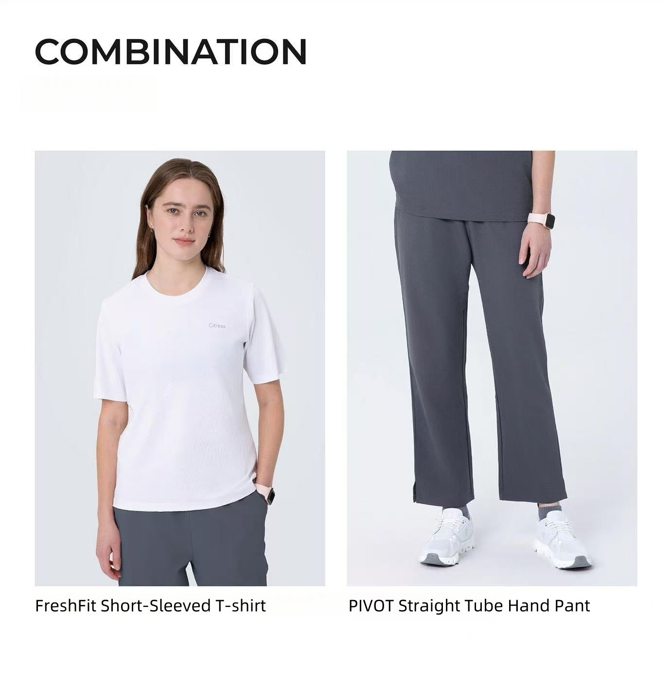 CITRESS scrub set pairing ideas: grey scrub top with white undershirt