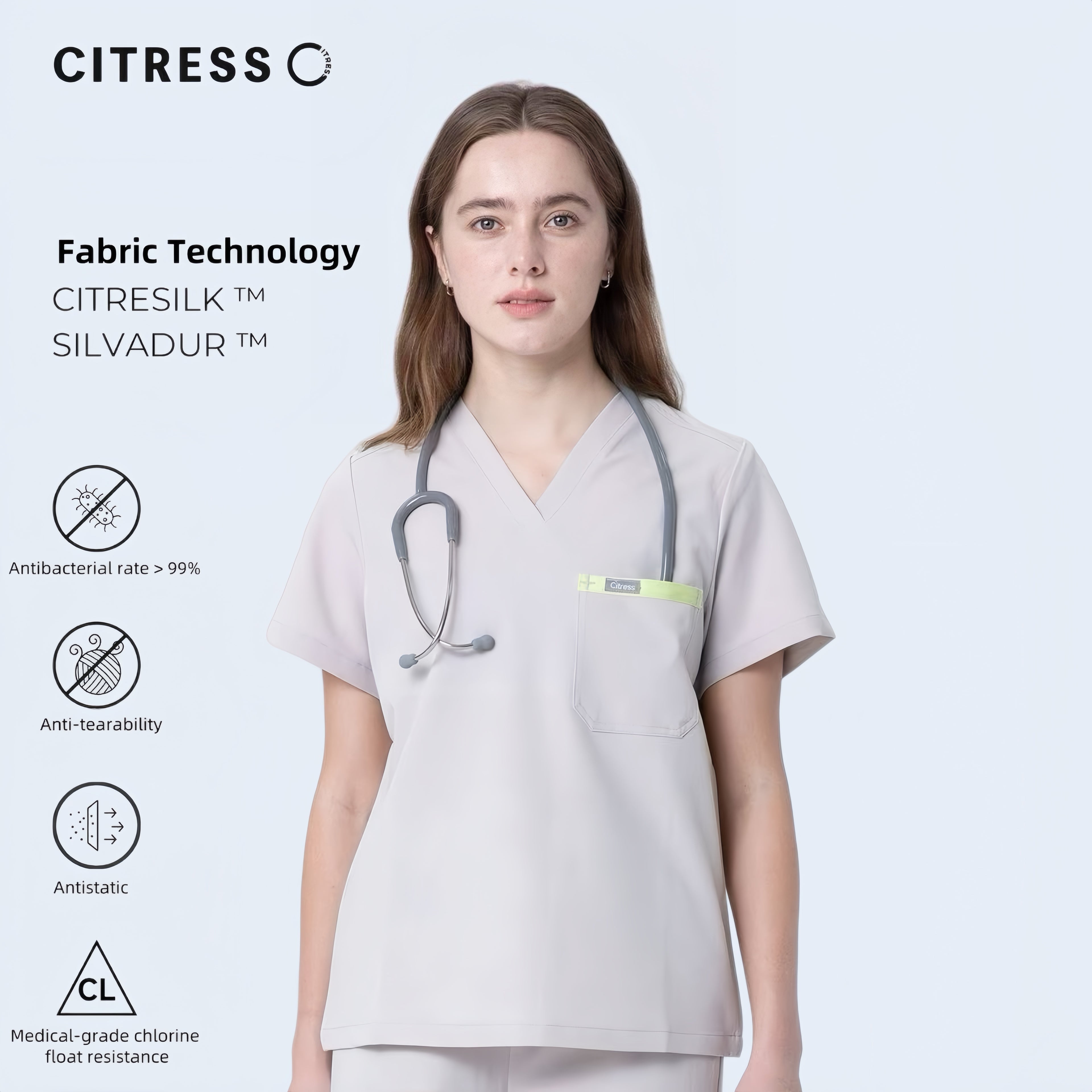 CITRESS women's khaki V-neck scrub set, with Citresilk antibacterial fabric