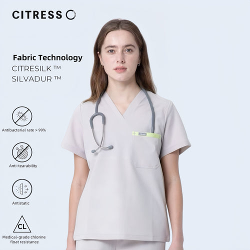 CITRESS women's khaki V-neck scrub set, with Citresilk antibacterial fabric