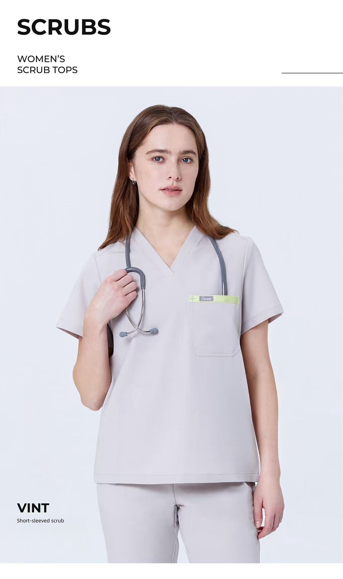 CITRESS khaki scrub top product shot, front view with clean background