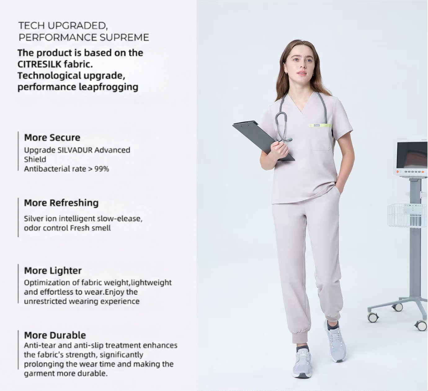 CITRESS khaki scrub set product overview, showing fit and fabric details