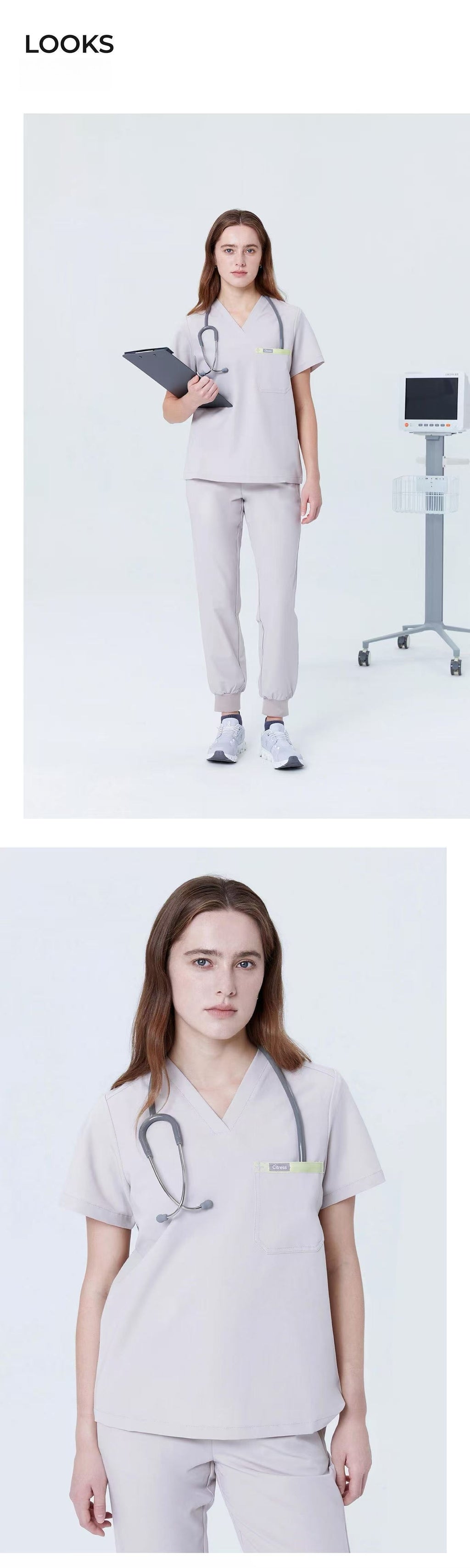Front and back views of CITRESS khaki scrub set for women healthcare workers