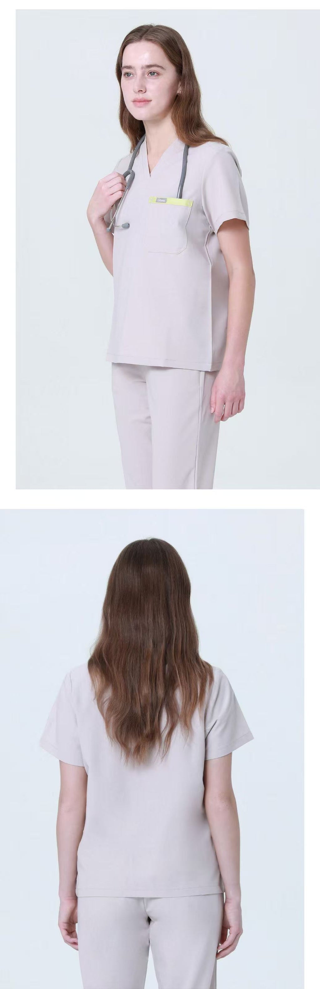 Front and back views of CITRESS khaki scrub set for women healthcare workers