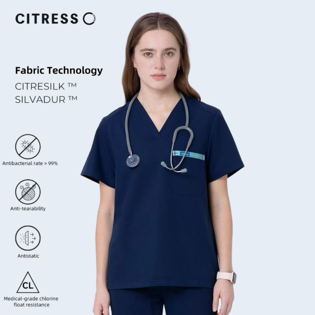 CITRESS women's navy V-neck scrub set, with Citresilk antibacterial fabric