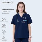 CITRESS women's navy V-neck scrub set, with Citresilk antibacterial fabric