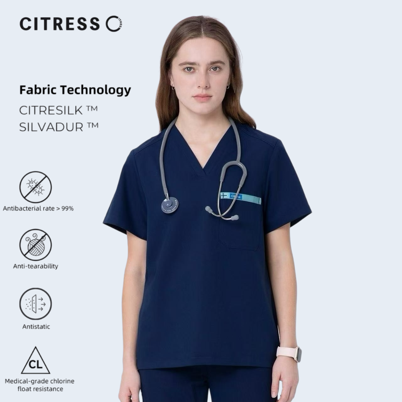 CITRESS women's navy V-neck scrub set, with Citresilk antibacterial fabric
