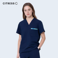 Side view of CITRESS women's navy scrub top, soft stretch fabric