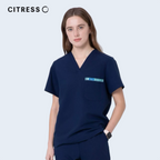 Side view of CITRESS women's navy scrub top, soft stretch fabric