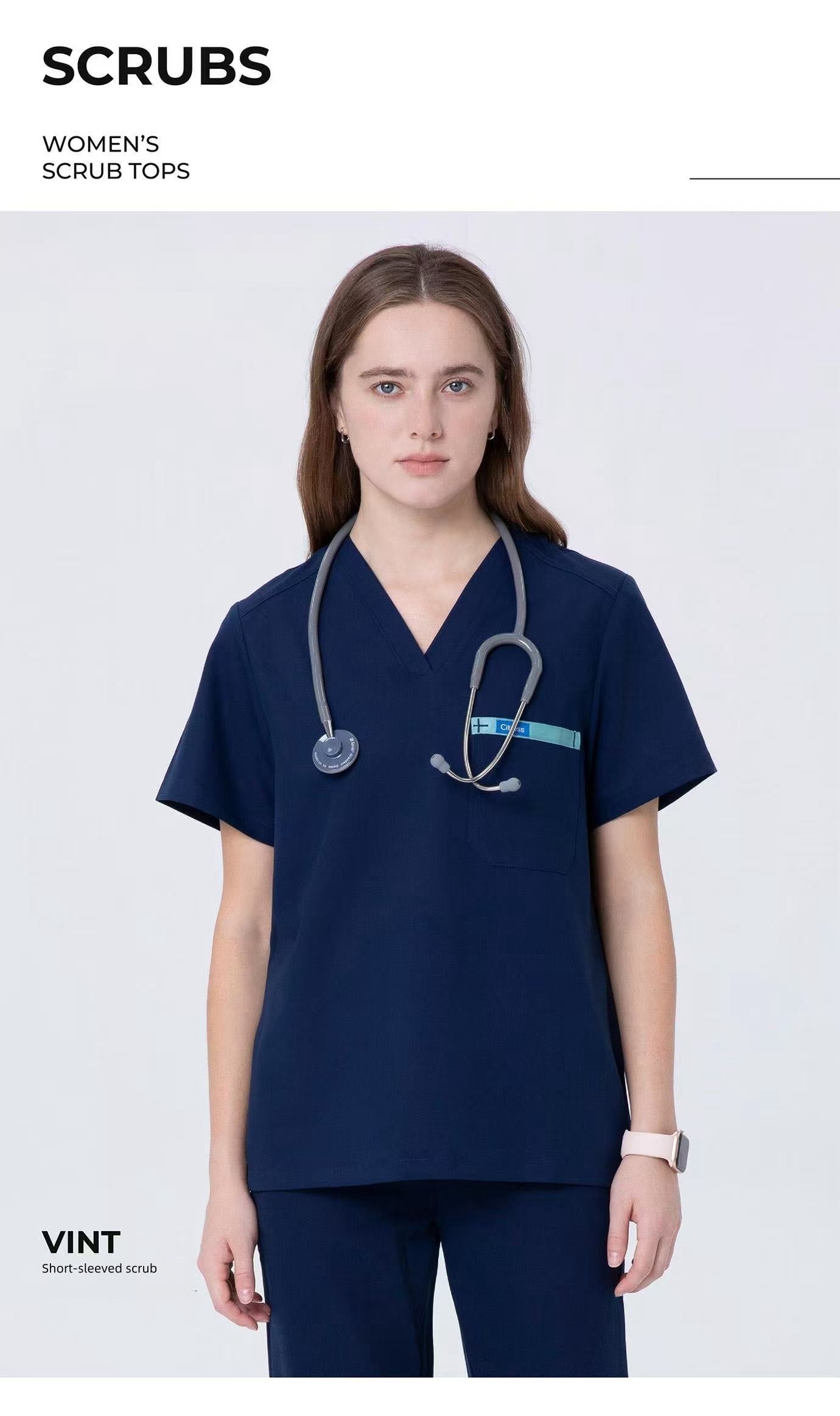 CITRESS navy scrub top product shot, front view with clean background
