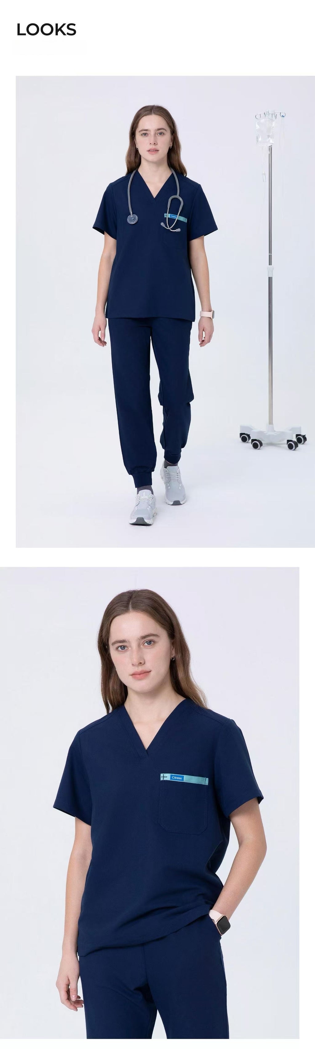 Front and back views of CITRESS navy scrub set for women healthcare workers