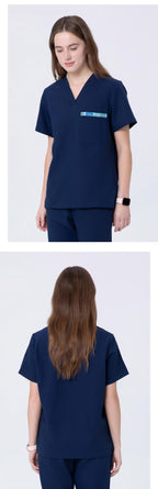 Front and back views of CITRESS navy scrub set for women healthcare workers