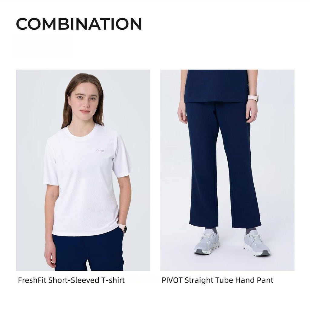 CITRESS scrub set pairing ideas: navy scrub top with white undershirt