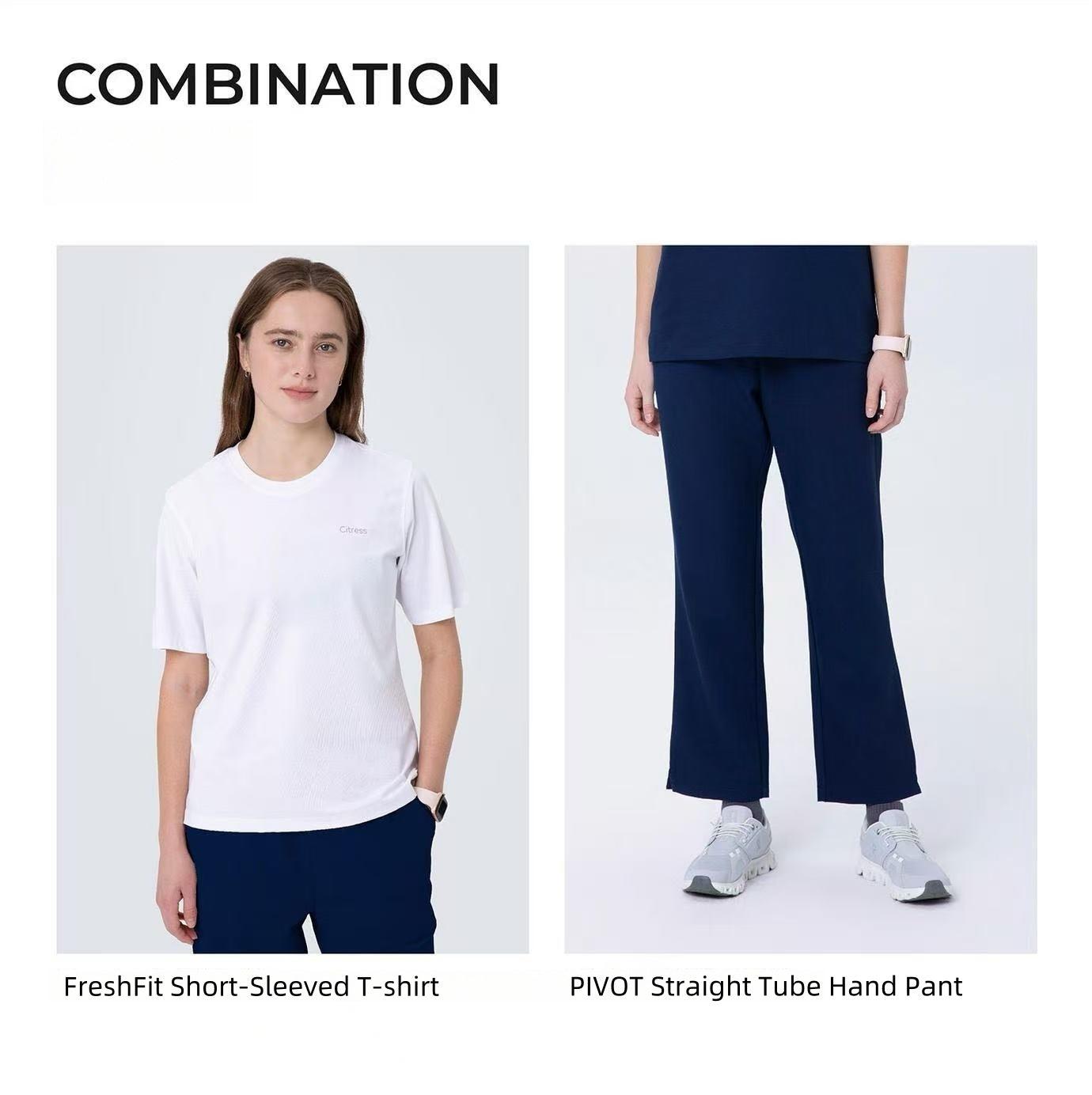 CITRESS scrub set pairing ideas: navy scrub top with white undershirt